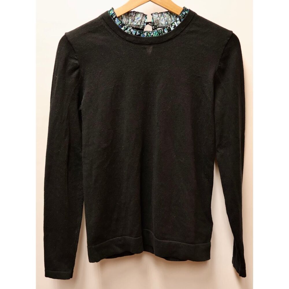 J Crew Sweater Ruffle Collar Black Blue Very Soft Cotton Long Sleeve Button back